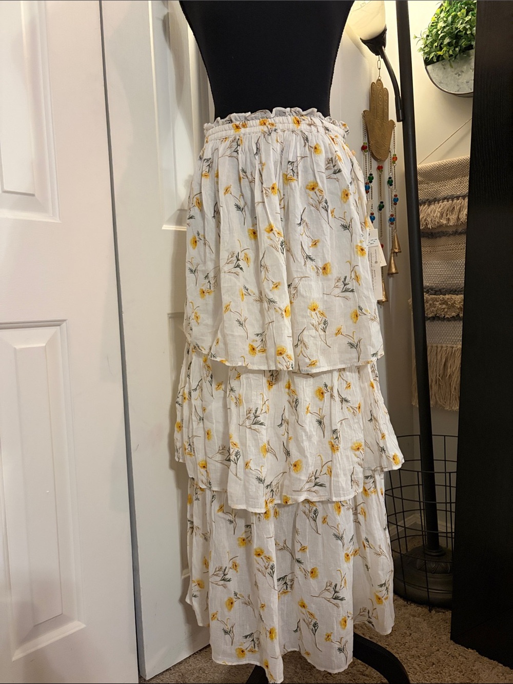 White Cotton Tiered Maxi Skirt with Yellow Floral Print